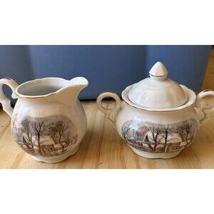 AVON Sugar & Creamer  Avon Vintage 1977 Sales Achievement Set Winter Cottage.